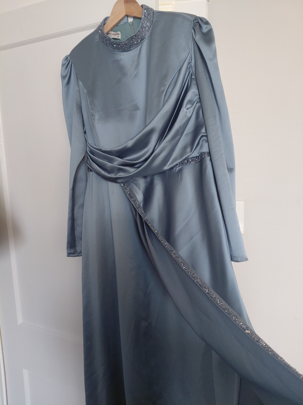 MODA Seyma Slate Blue Satin Long Sleeve Gown